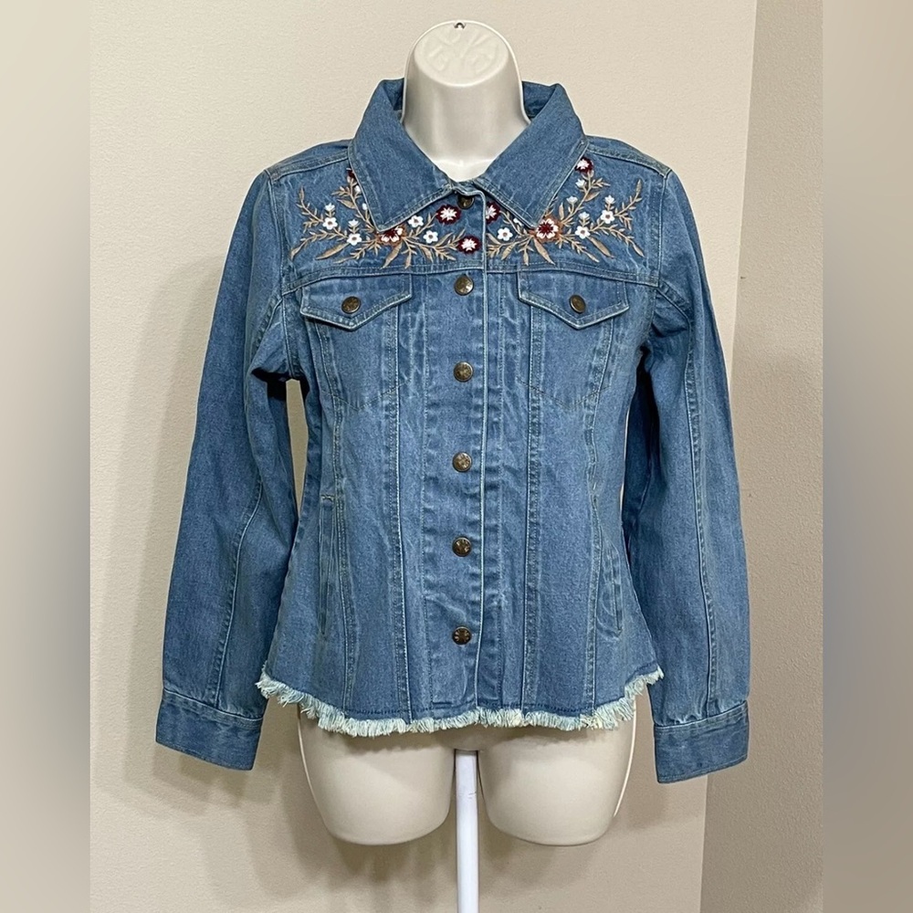 Keren Hart Women’s Blue Floral Embroidery Long Sleeve Button Up Denim Jacket s M - Picture 1 of 12